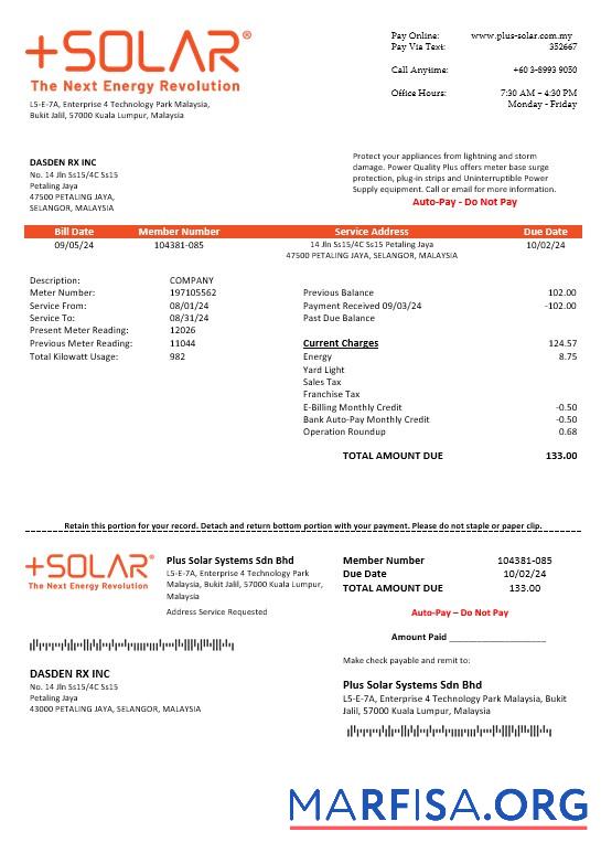 Downloadable Malaysia Plus Solar Systems Sdn Bhd business utility bill template in Word and PDF formats